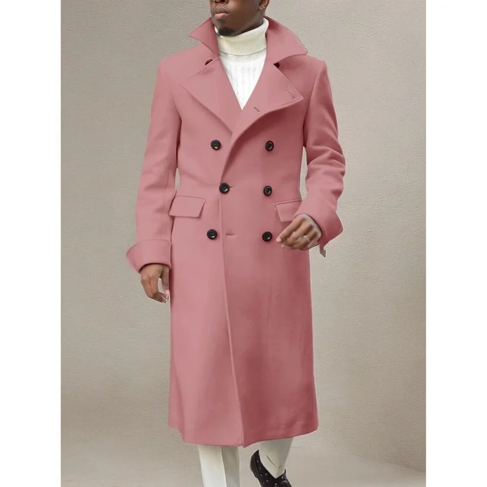 Men's Pink Notch Lapel Double Breasted Long Trench Coat Cotton Blend Pea Coat